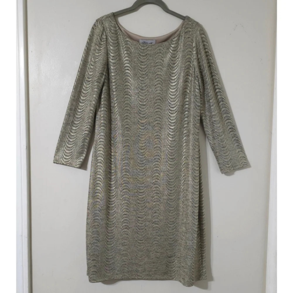 Gold Champagne Metallic Knit Wedding Guest Shift Dress, Formal Cocktail Elegant - Picture 4 of 15